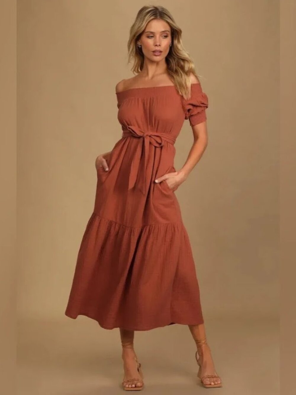 Lulu's Rust Off-Shoulder Tie-Waist Midi Dress